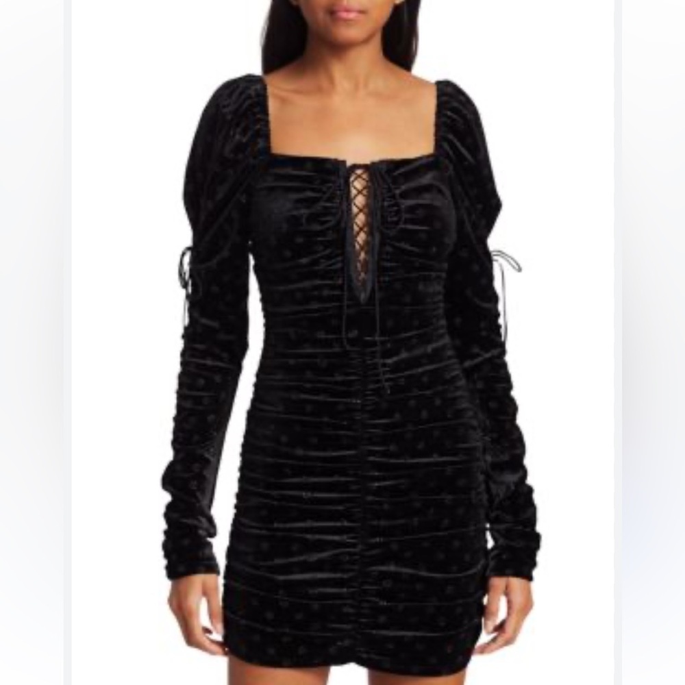 FOR LOVE & LEMONS Lola Puff Sleeve Lace-Up Velvet Mini Dress